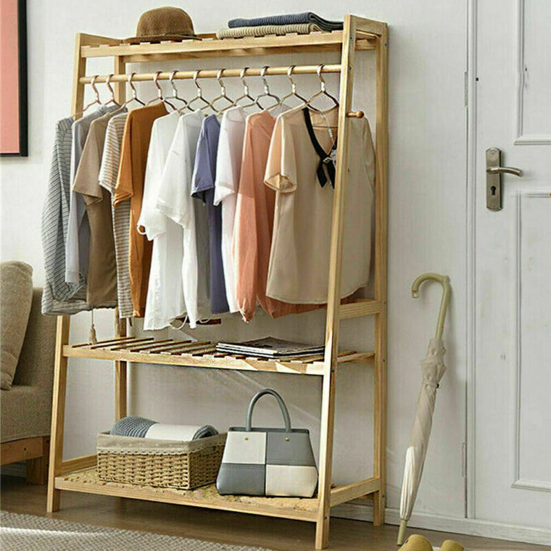 Bamboo Garment Coat Clothes Hanging Heavy Duty Rack with top shelf and 2-tier Shoe Clothing Storage Organizer Shelves 2