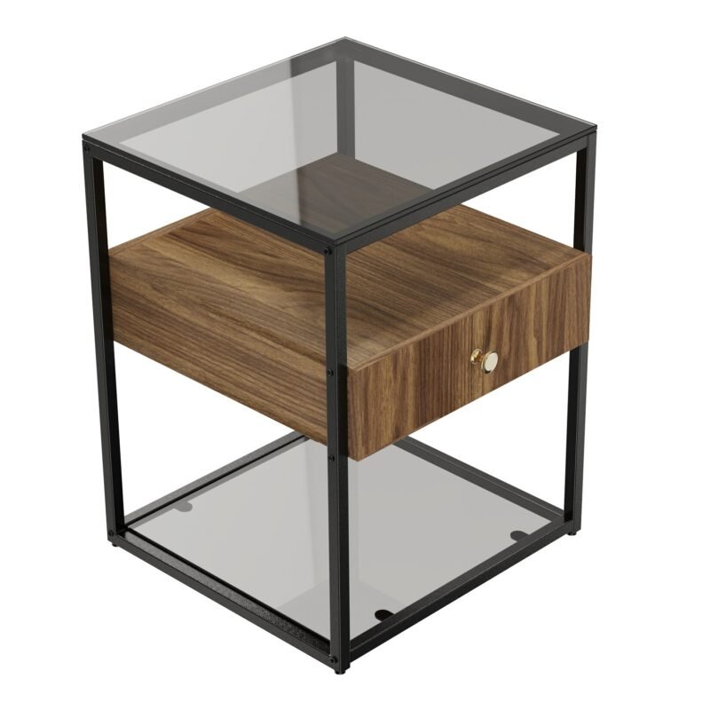 Tempered Glass Side Table, Nightstand, with Drawer and Shelf, Decoration in Living Room, Stable Steel Frame 4