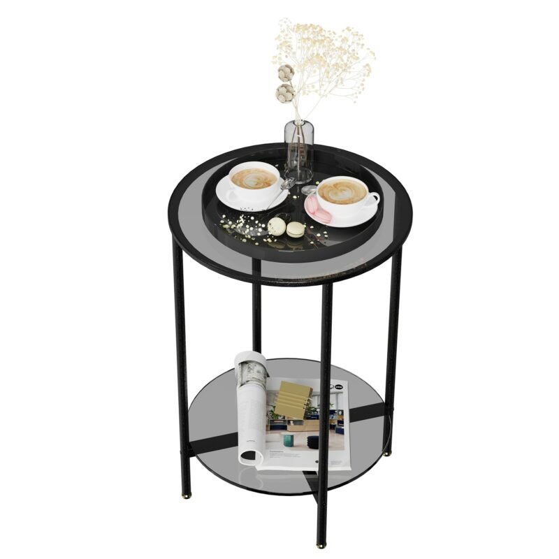 2-Tier Round Coffee Table Glass Simple Modern Center Table for Living Room Home, Sofa Side Table with Metal Steel Frame 5