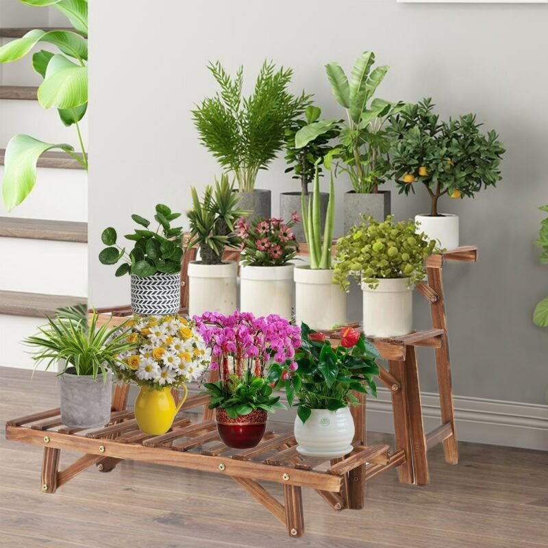 3 Tier Freestanding Ladder Shelf Wood Plant Stand Indoor Outdoor Plant Display Rack Flower Pot Holder Planter Organizer 2