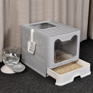 XXL Large Space Foldable Cat Litter Box with Front Entry & Top Exit with Tray 1