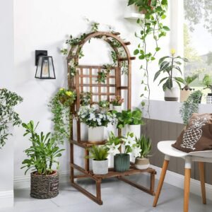 3 Tier Hanging Plant Stand, Indoor Outdoor Wood Plant Shelf with Flower Pot Organizer Plant Display Rack for Patio, Backyard 1