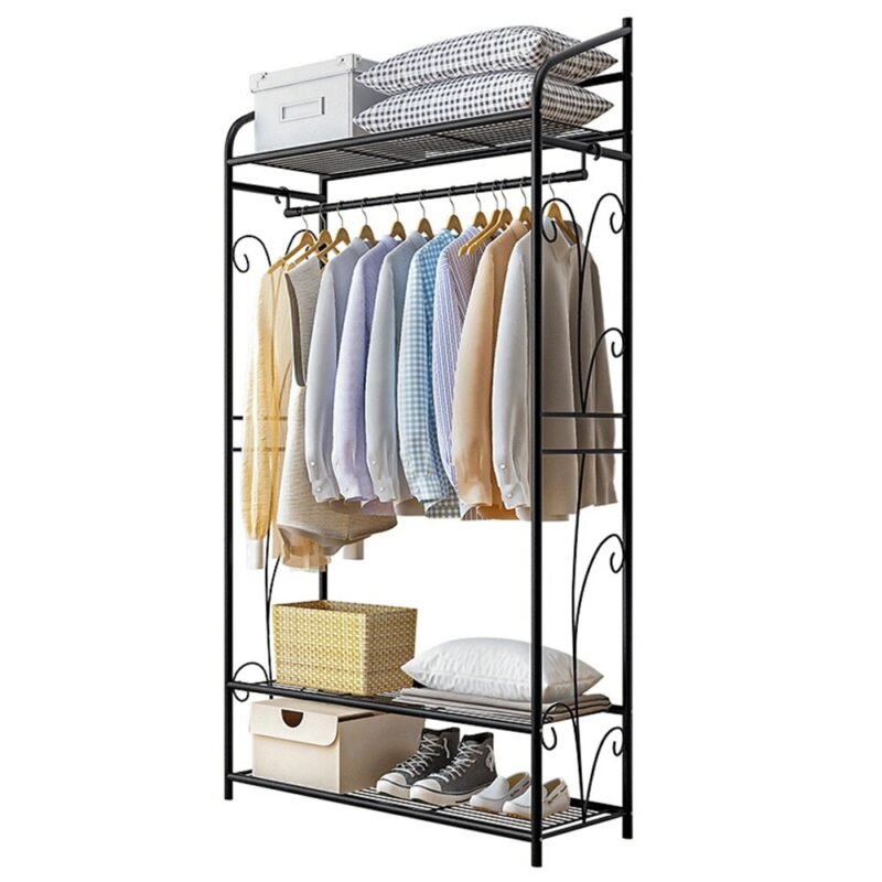 Heavy Duty Clothes Rail Clothes Rack Black Metal Garment Rack Stand for Bedroom with Storage Shelves 2 Shelf Shoe Rack 2