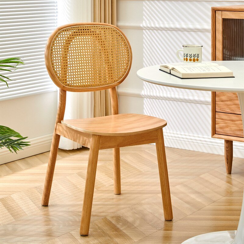 FULLLOVE Nordic Casual Backrest Rattan Chair Designer Creative Solid Wood Dining Chair Balcony Restaurant Simple Rattan Chair 6