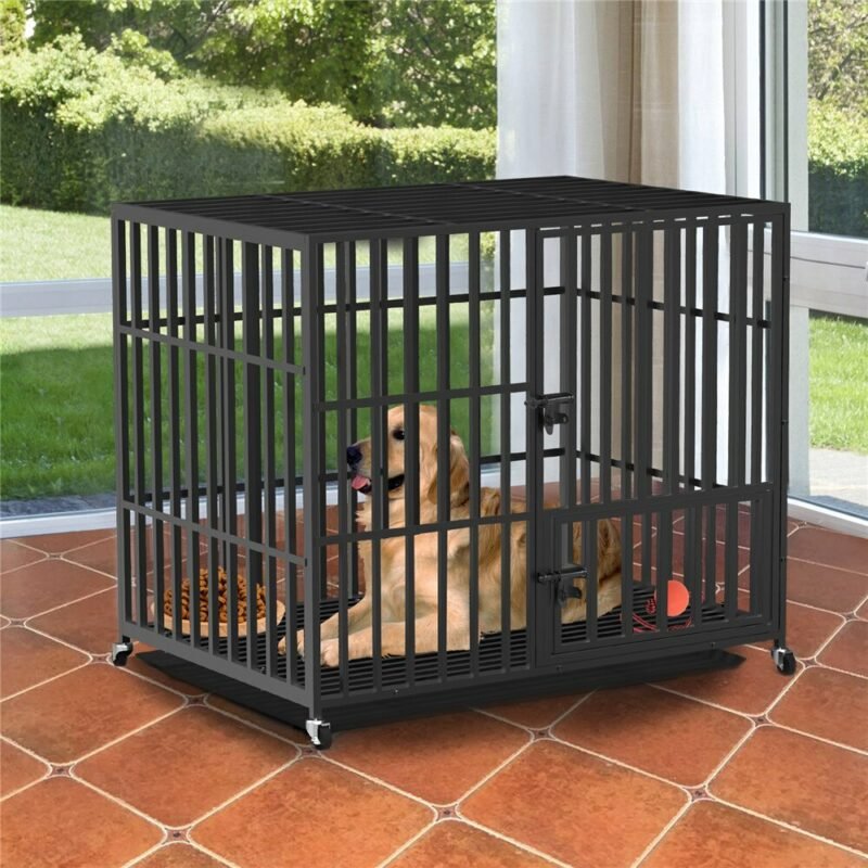 37” 42” 46” Heavy Duty Dog Cage Metal Pet Dog Crate 3 Doors Locks Design Kennel Playpen with 4 Lockable Wheels Removable Tray 3