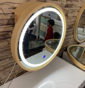 Solid wood gold wall hanging clamshell LED bathroom mirror cosmetic storage box black wall hanging toilet vanity mirror with lam 1