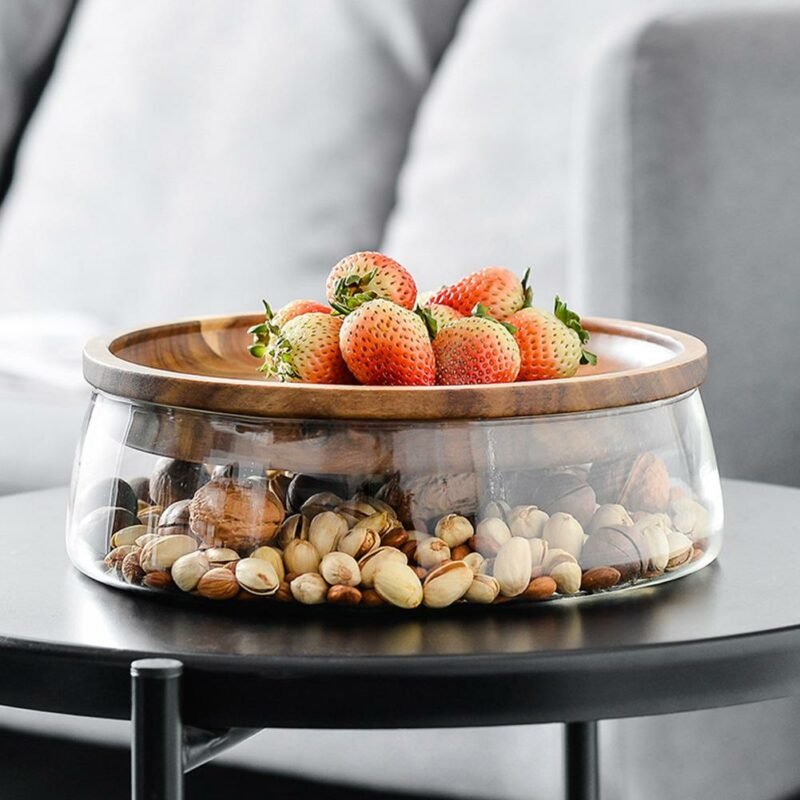 Glass Bowl with Wood Plate Fruit Nut Dried Storage Box Container  Candy Storage Box Fruit Tray With Wooden Lid For Home Kitchen 2