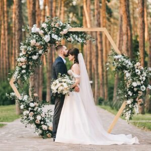 Hexagonal Wooden Wedding Ceremony Arch Bridal Party Backdrop Arch Stand Garden Arbor for Outdoor Weddings, Flowers Garland 1