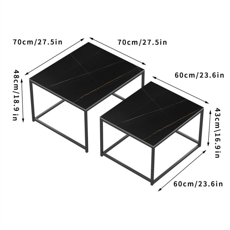 Modern Nesting Coffee Table Set of 2 for Living Room Center Office, Square Marble Cocktail Table with Stackable, White/Black 6
