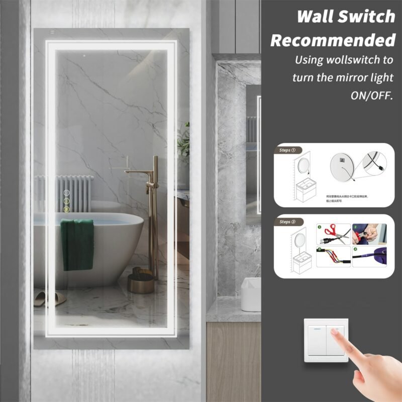 Extra Large Rectangle Bathroom Mirror LED Vanity Dimmable Backlit Anti-Fog Memory with Front and Backlight Shatter-Proof 5