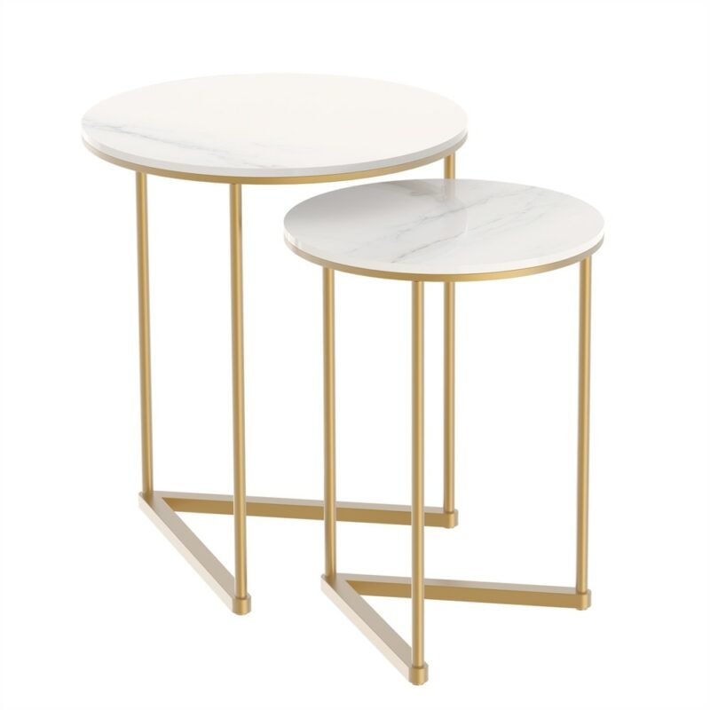 Modern Round Marble Metal Base Nesting Set Side Accent Table Living Room Storage Small End Table, Set of 2, Marble and Gold 3