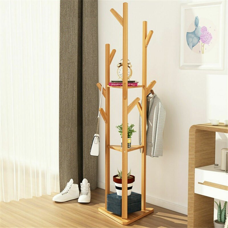 Bamboo Coat Rack Tree Cloth Hanger 9 Hooks 3-Layer Shelf Stand Hallway Living Room for Hat,Clothes,Scarves,Handbags,Umbrella 3