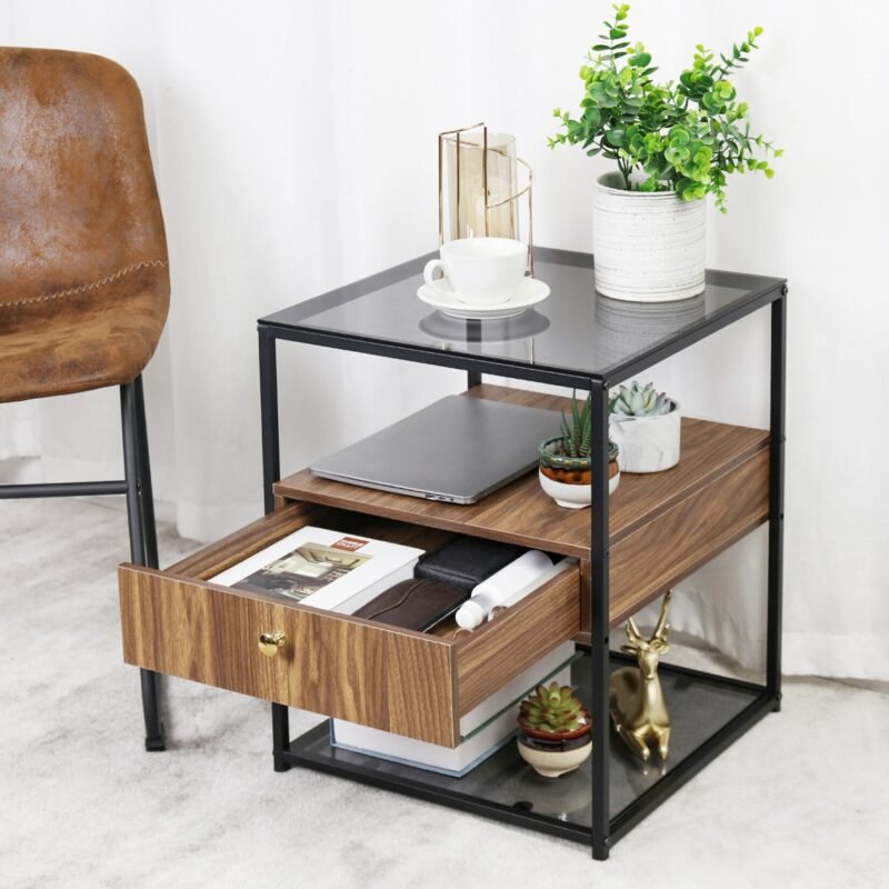 Tempered Glass Side Table, Nightstand, with Drawer and Shelf, Decoration in Living Room, Stable Steel Frame 3