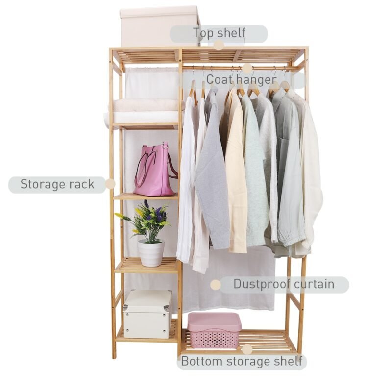 Bamboo Wood Clothing Garment Rack with Shelves Clothes Hanging Rack Stand for Child Kids Adults Cloth Shoe Coat Storage Organize 6