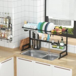 Adjustable Large Dish Drying Rack Metal Over the Sink Storage 2-Tier Kitchen Organizer with Utensils Holder, Chopstick Holder 1