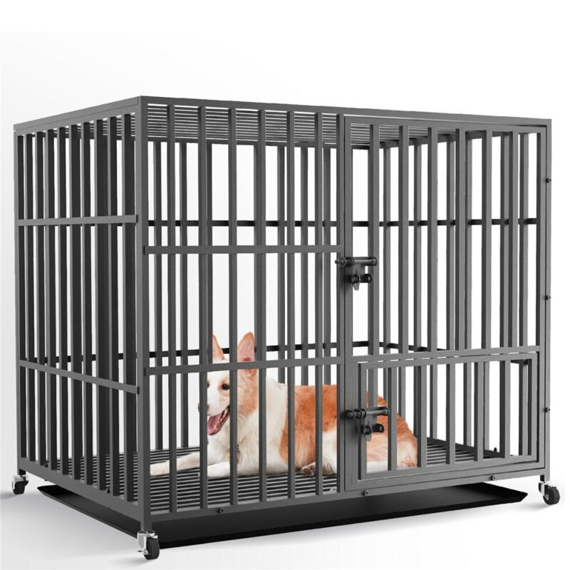 37” 42” 46” Heavy Duty Dog Cage Metal Pet Dog Crate 3 Doors Locks Design Kennel Playpen with 4 Lockable Wheels Removable Tray 6