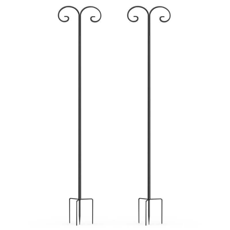 2 Pack Outdoor Double Shepherds Hook Outdoor Double Shepherds Hook with 4 Prongs Base Tall Heavy Duty Garden Hanger Stand 2