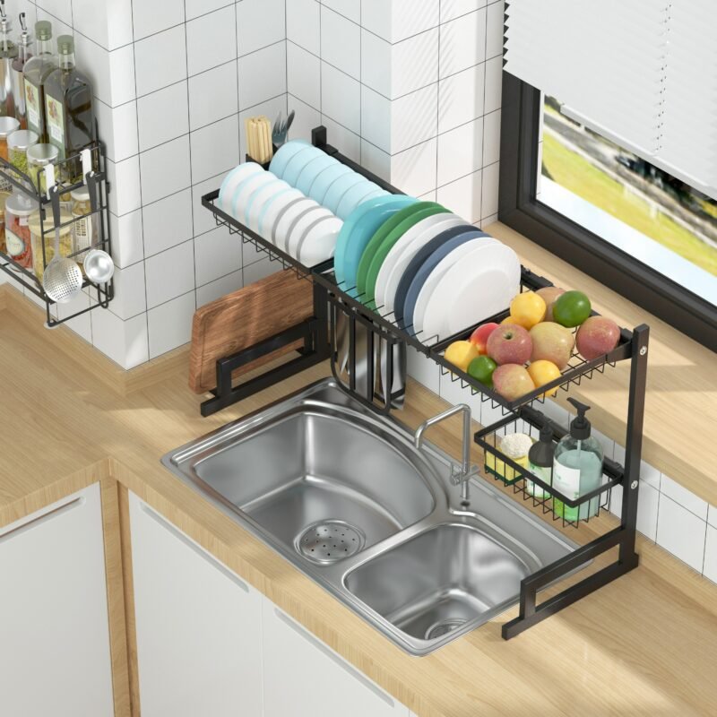 Adjustable Large Dish Drying Rack Metal Over the Sink Storage 2-Tier Kitchen Organizer with Utensils Holder, Chopstick Holder 2