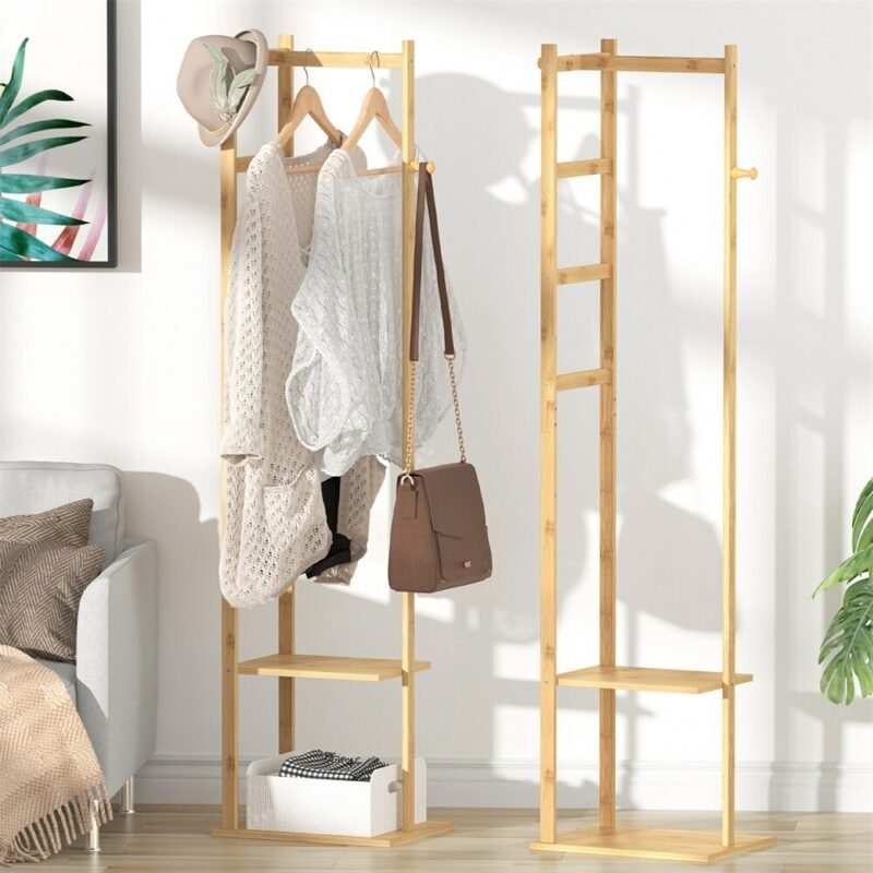 Coat Tree Solid Bamboo Freestanding Coat Rack with Storage Garments Corner Stand with Hooks for Home Bedroom 3