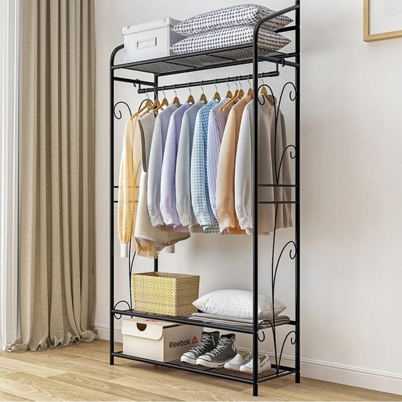 Heavy Duty Clothes Rail Clothes Rack Black Metal Garment Rack Stand for Bedroom with Storage Shelves 2 Shelf Shoe Rack 1