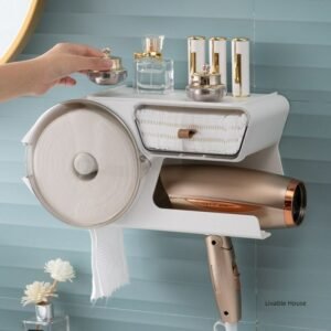 Non punching face wash towel storage rack storage box wall mounted storage rack hair dryer support rack paper towel holder 1