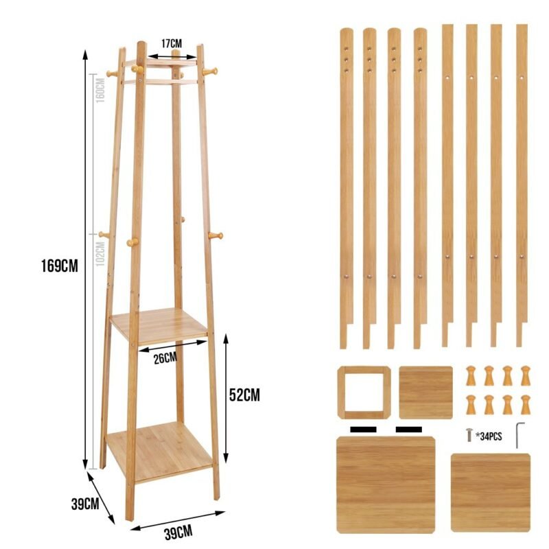 Bamboo Coat Rack Free Standing 2-Shelves Clothing Storage Garment Organizer Stand with 8 Hooks Clothes Poles 55kg Load-bearing f 6