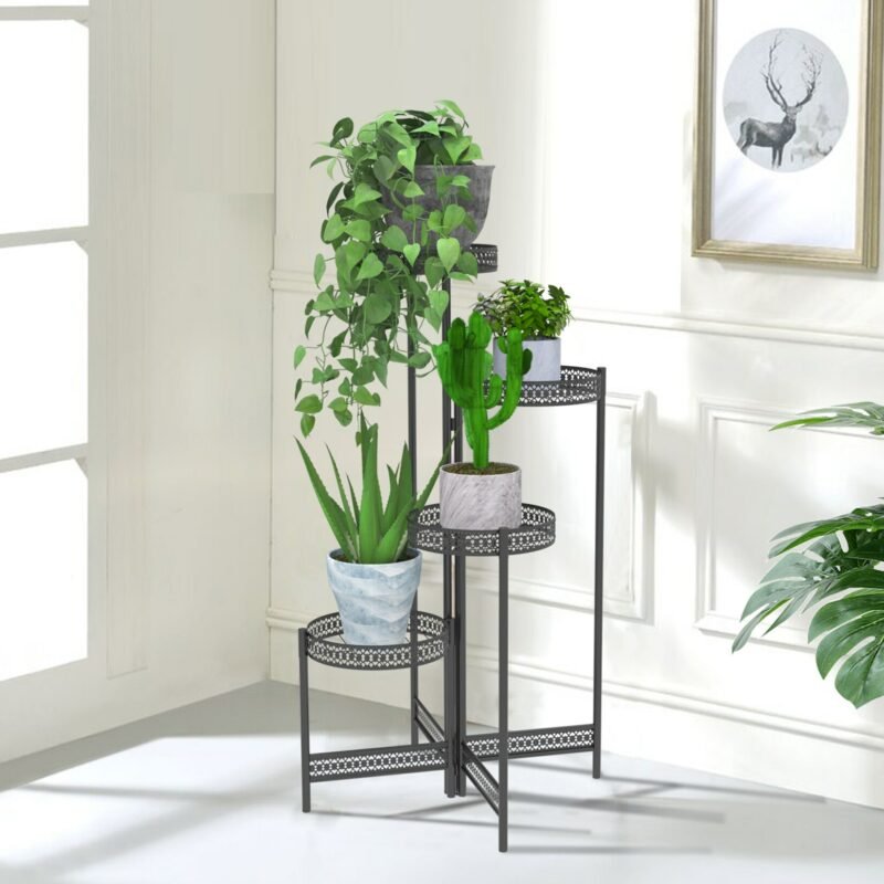 3/4 Tier Metal Plant Stand Indoor Black Tall Flower Pot Holder Display Rack Foldable for Patio Garden Living Room Corner Balcony 3
