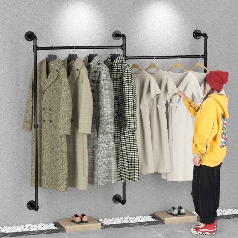 Heavy Duty Industrial Pipe Clothes Rack Wall Mounted Black Iron Garment Bar Closet 6