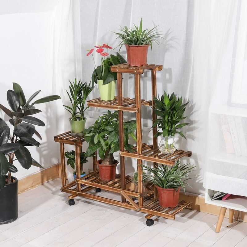 UNHO Wooden Plant Stand with Wheels Multi-Layer Rolling Plant Flower Display Shelf Indoor Movable Storage Rack Holder Outdoor fo 2