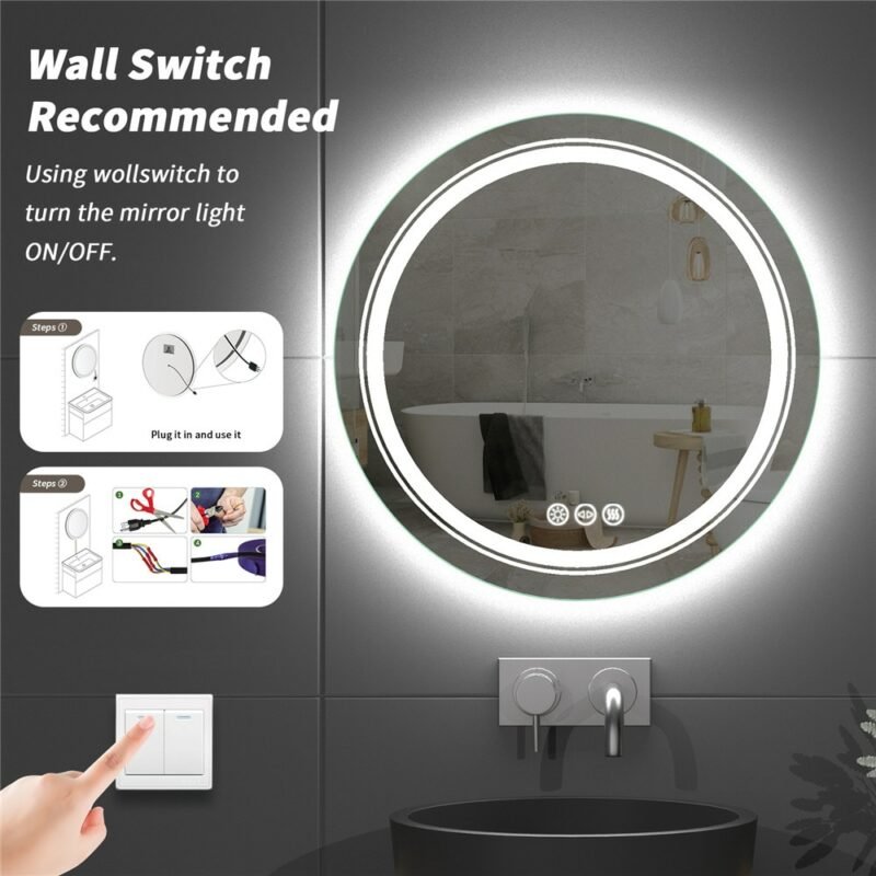 24 Inch LED Bathroom Vanity Round Mirror Dimmable,Anti-Fog Circle Wall Mounted Mirror,Makeup Mirror with Lights 4