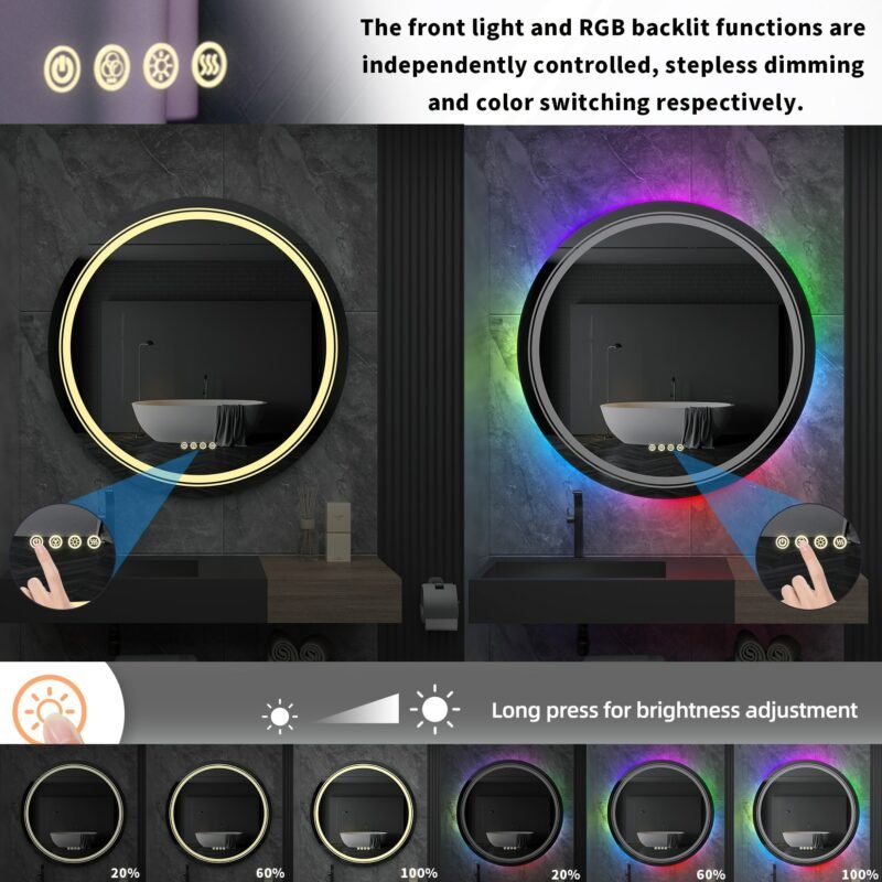 Large Round Lighted Bathroom Mirror RGB Color Changing LED Mirror Dimmable Anti-Fog Backlit Mirror RGB Multicolor Backlit 4