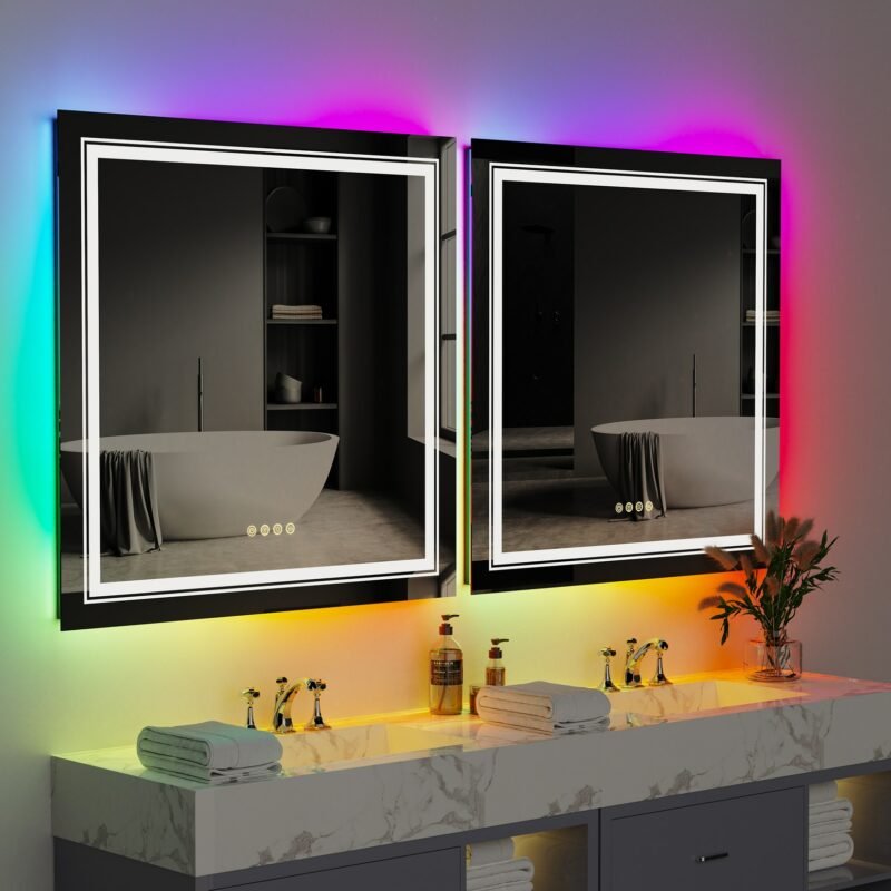 RGB Backlit Front Lighted Mirror 32 Inch Square Dimmable 11 Color Changing Smart Anti-Fog Vanity Mirrors with Light Memory 3