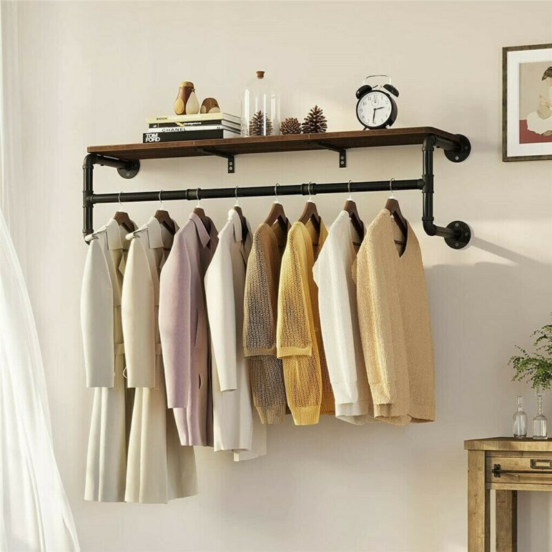 Industrial Pipe Clothing Rack Wall Mounted Wood Shelf Pipe Shelving Floating Shelves Retail Garment Rack Display Racks 3