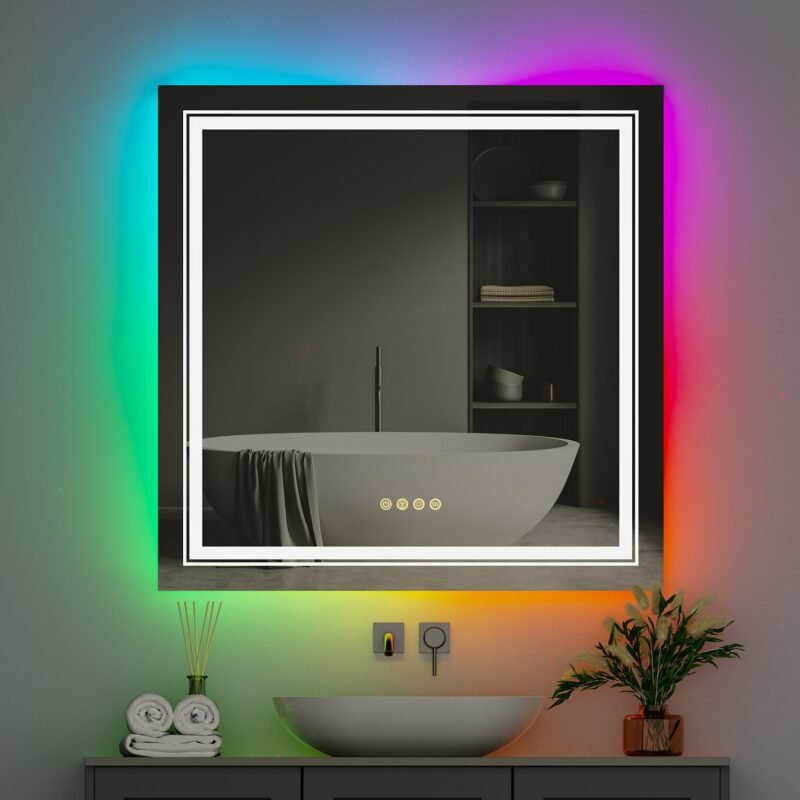 RGB Backlit Front Lighted Mirror 32 Inch Square Dimmable 11 Color Changing Smart Anti-Fog Vanity Mirrors with Light Memory 2