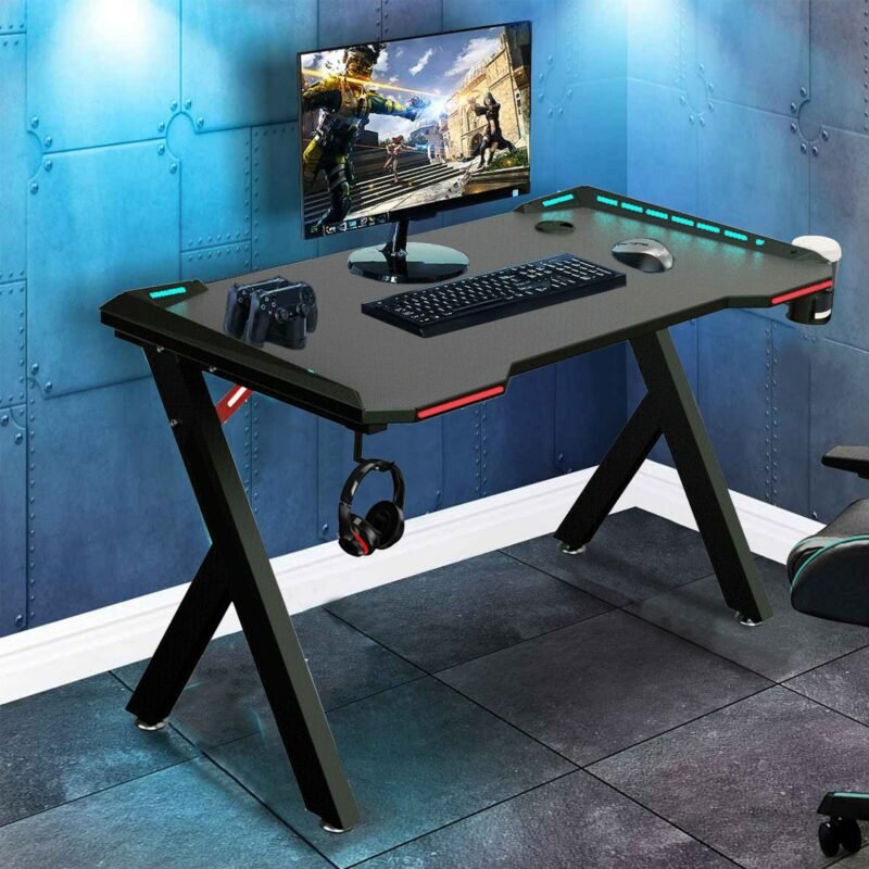 Gaming Desk PC Computer Gamer Desk Ergonomic Workstation with RGB LED Lights Headphone Hook Cup Holder for Home Offices 3