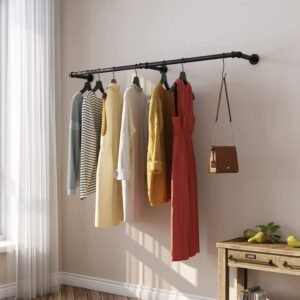 180cm Bedroom Garment Home Rail Multipurpose Wall Mounted Industrial Pipe Clothes Rack Space Saving Hanging Shelf with 3 Hooks 1