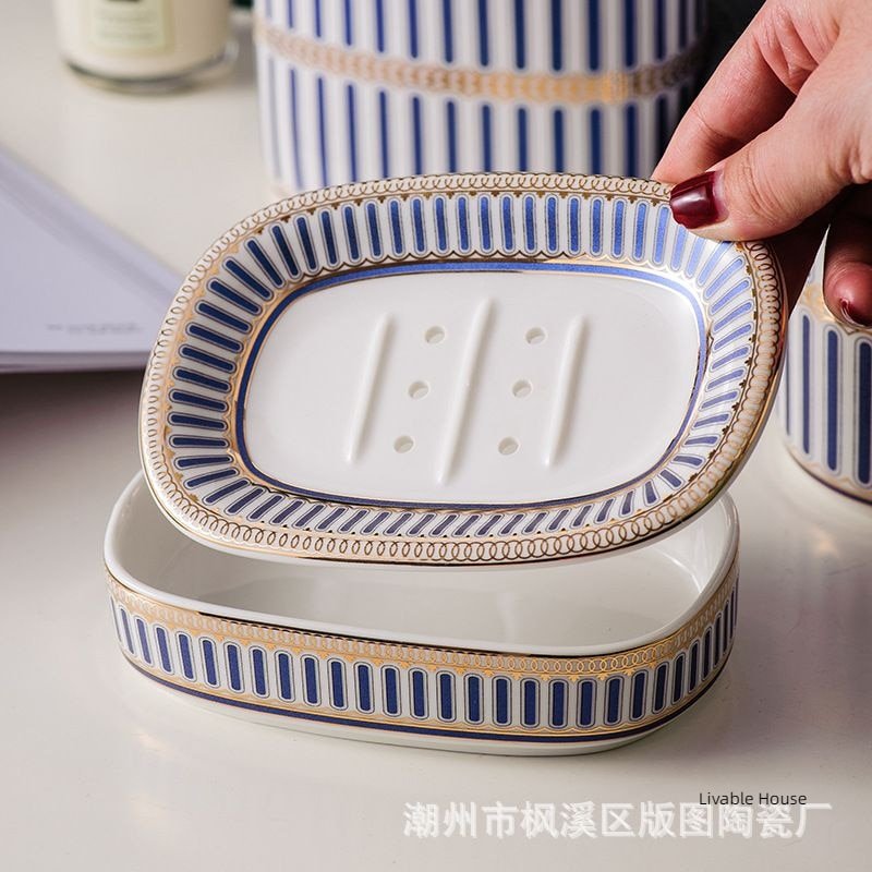 Luxury Blue Gold Ceramic Bathroom Five-piece Bathroom Supplies Soap Dispenser Brushing Mouth Cup Soap Dish Tray Toiletry Set 5