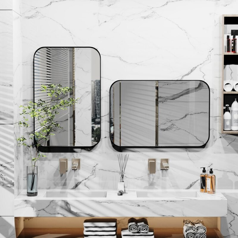 Wall Mirror Black Bathroom Mirror, Stainless Steel Metal Frame with Rounded Corner, Rectangle Glass Panel Wall Mounted Mirror 3