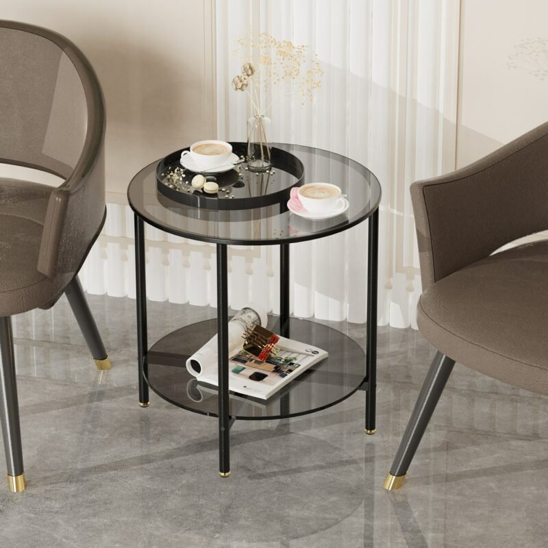20” Round Coffee Table with Storage 2-Tier, Accent Table,Cocktail Table with Tempered Glass Top 3