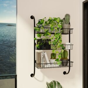 Wall Hanging Baskets Multifunctional 3-tier Metal Wall Rack Shelf Storage Baskets for Holding Bathroom Accessories Kitchen Fruit 1