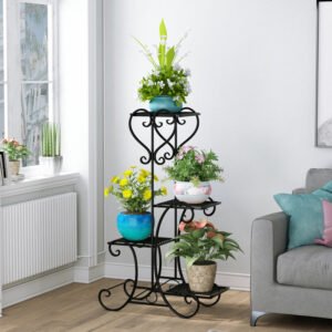 Metal Plant Shelf Flower Display Stand Garden Planter Holder with 4 Tier Shelves Indoor (Black) 1