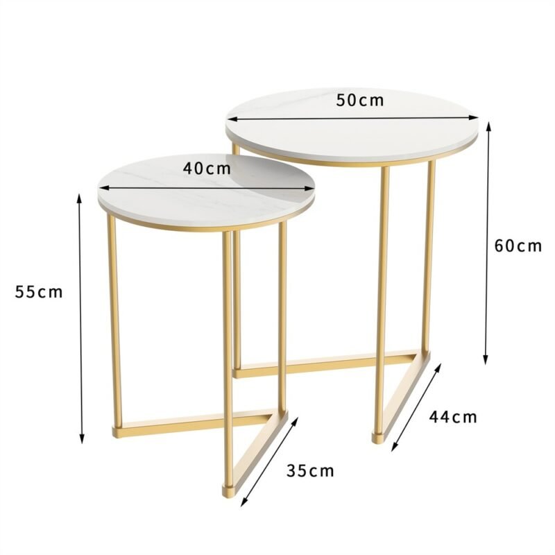 Modern Round Marble Metal Base Nesting Set Side Accent Table Living Room Storage Small End Table, Set of 2, Marble and Gold 5