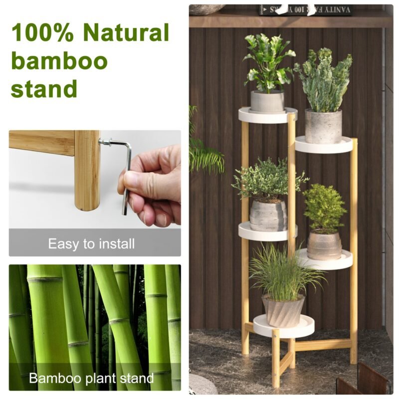 Bamboo Plant Stands Indoor, 5 Tier Tall Corner Plant Stand Holder & Plant Display Rack for Outdoor Garden Indoor Home 3