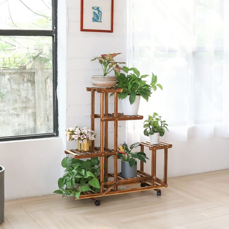 UNHO Wooden Plant Stand with Wheels Multi-Layer Rolling Plant Flower Display Shelf Indoor Movable Storage Rack Holder Outdoor fo 5