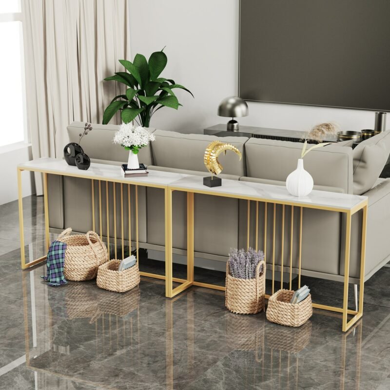 47.2" Extra Long Console Table Sintered Top Gold Metal Leg Sofa Table for Hallway Entryway 3