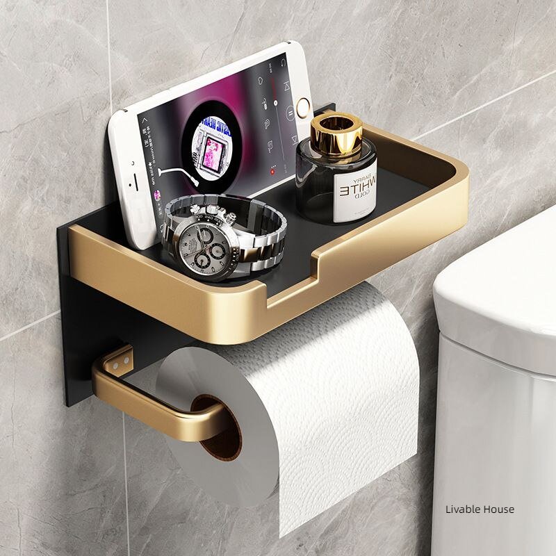 Black Gold Toilet Paper Holder Shelf Towel Roll Shelf WC Paper Phone Holder Wall Mount Multifunction Shelf Bathroom Accessories 2