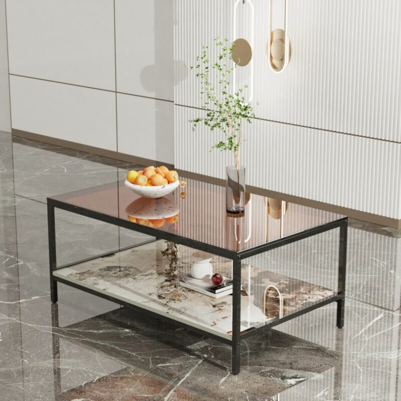 Square Metal and Glass Coffee Table Marble Accent Table Glass Tabletop Sintered Stone Storage Table 1