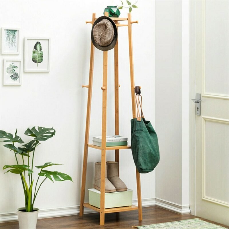 Bamboo Coat Rack Free Standing 2-Shelves Clothing Storage Garment Organizer Stand with 8 Hooks Clothes Poles 55kg Load-bearing f 3