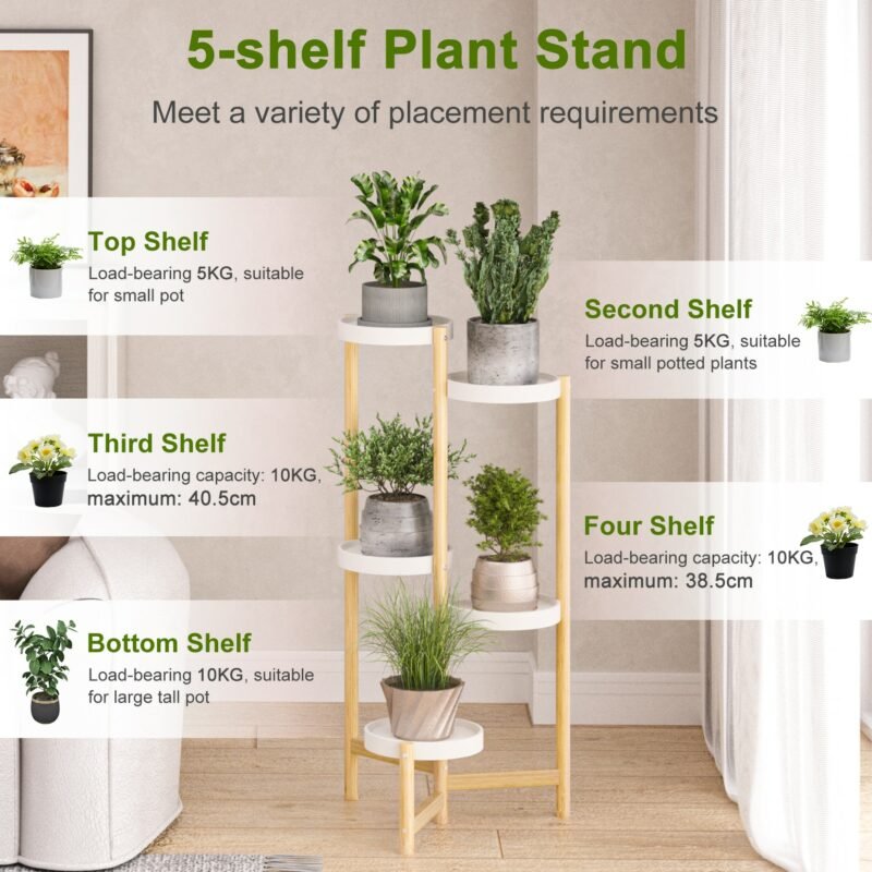 Bamboo Plant Stands Indoor, 5 Tier Tall Corner Plant Stand Holder & Plant Display Rack for Outdoor Garden Indoor Home 5