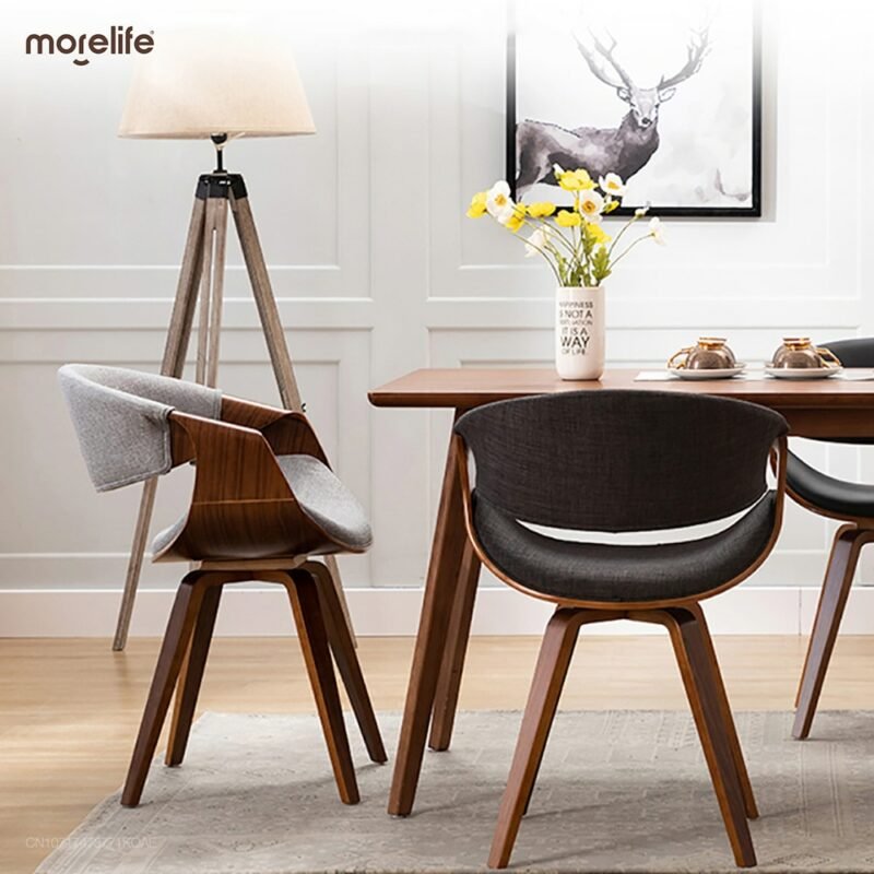 Nordic Dining Chairs Home Furniture Simple Solid Wood Linen Ins Designer Armchair Leather Leisure Backrest Hollow Backrest Chair 4